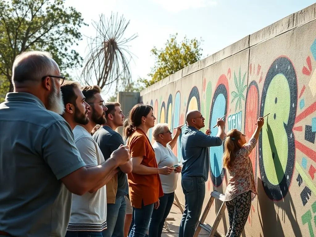 A photo of young people participating in a community mural painting project, showcasing creativity and teamwork.