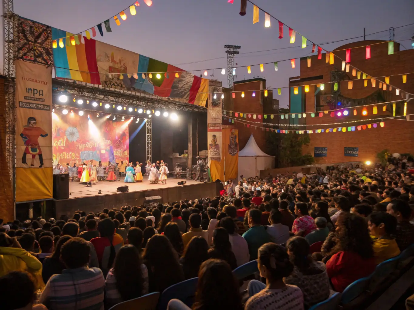 A colorful photograph capturing a cultural festival organized by COLLECTIF DYNAMIQUE MEYMACOIS, featuring local artists, performers, and community members enjoying the festivities.