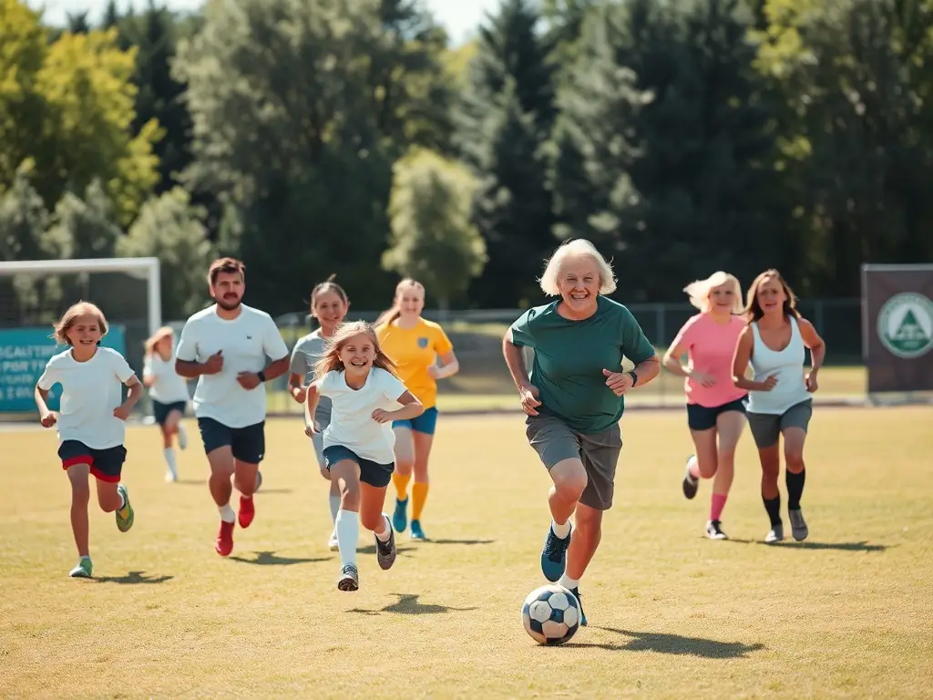 A vibrant image showcasing a group of diverse community members participating in a sports event organized by COLLECTIF DYNAMIQUE MEYMACOIS, with participants of different ages and backgrounds actively engaged in a friendly game.