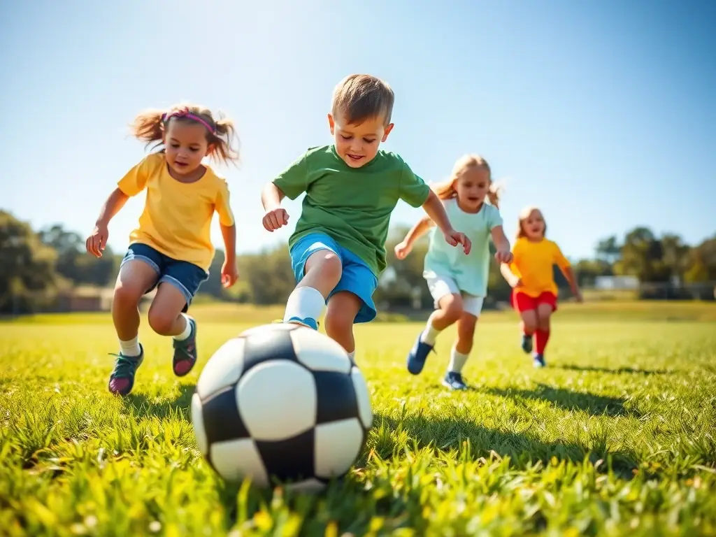 A vibrant image of children and adults playing soccer in a local park, showcasing active participation and community engagement.